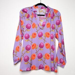 Tucker Long Sleeve Polo Blouse Lavender Passion Flower in Stretch Georgette Silk